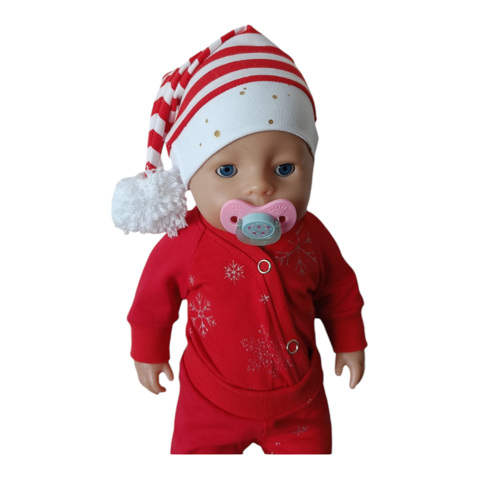 Komplekt hõbedaste lumehelvestega ja triibuline päkapikumüts nukule (nukuriided) - Image 3