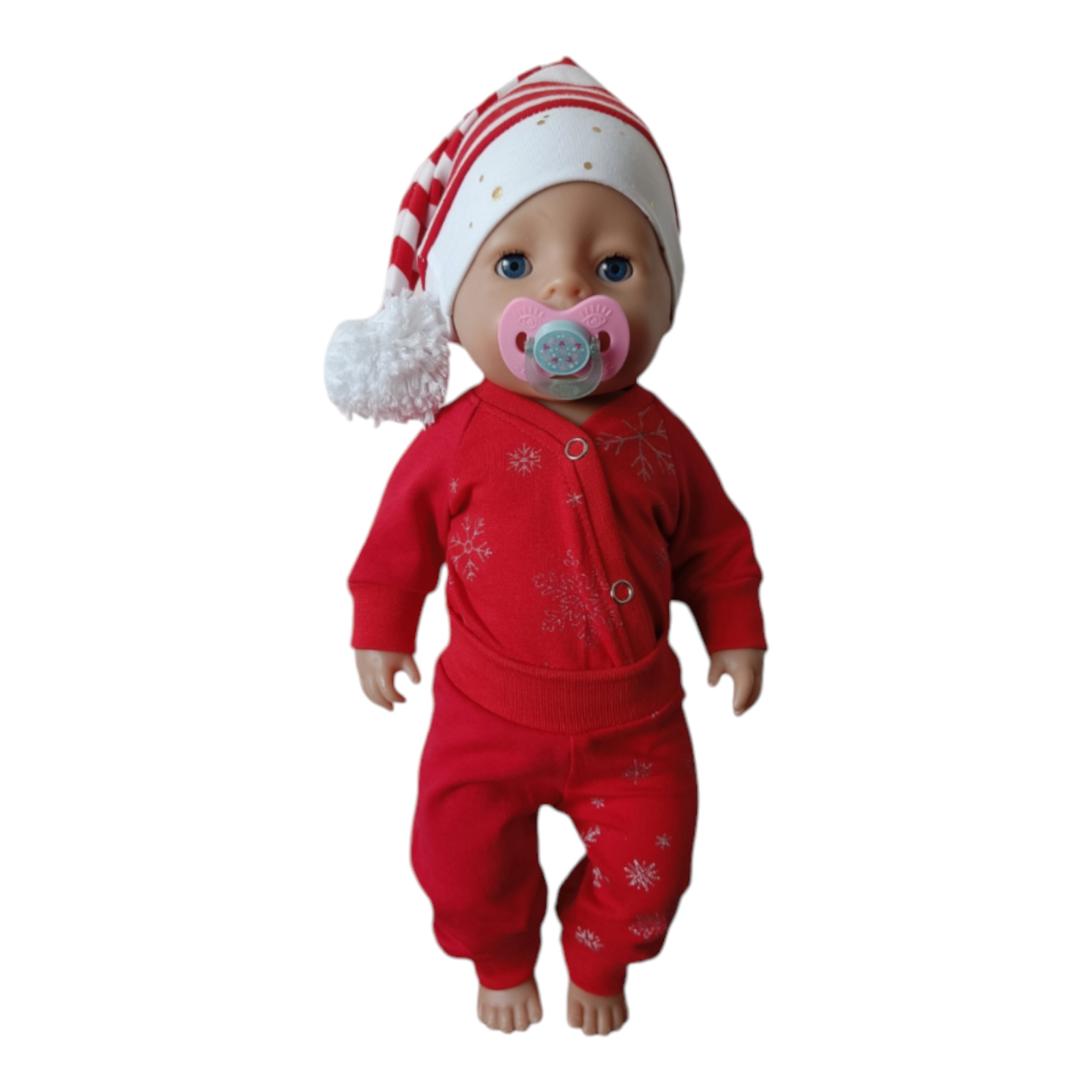 Komplekt hõbedaste lumehelvestega ja triibuline päkapikumüts nukule (nukuriided)